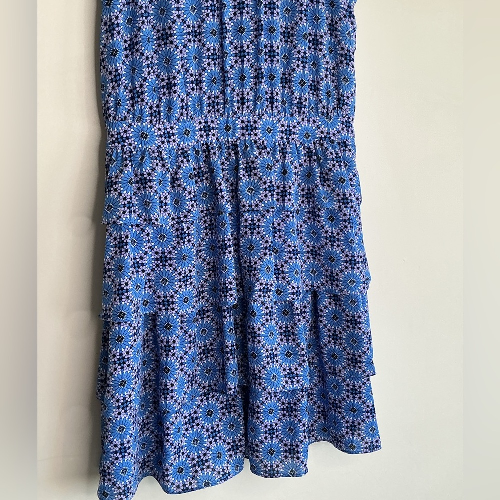 Vibrant Blue Mosaic Print Tiered Midi Sleeveless dress Sz 10 fit & flare Summer - Picture 5 of 9